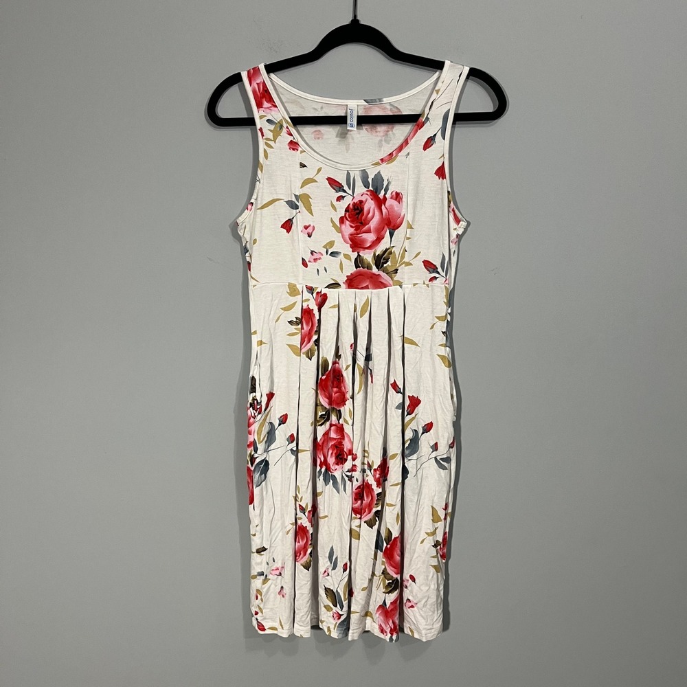Jouica Womens Floral Sleeveless Empire Waist Mini Dress White Red Roses Small
